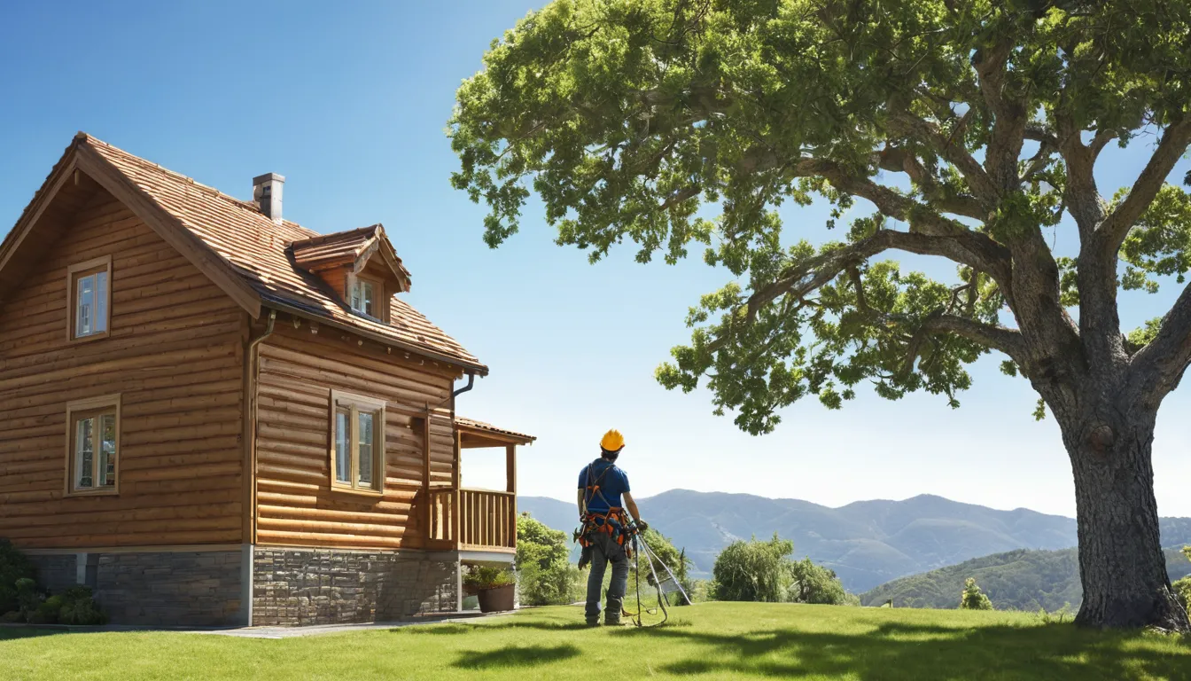 Local tree removal provider cutting a large tree in sections beside a house in Cedar Fort